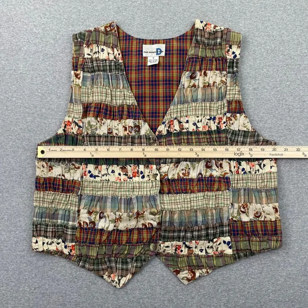 VTG Paul Harris Patchwork Vest Womens M Floral Plaid Cottagecore Fairy Grunge